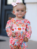 Fall Halloween & Thanksgiving Pumpkin Bow Smock Embroidered Floral Baby Girl Romper - 1