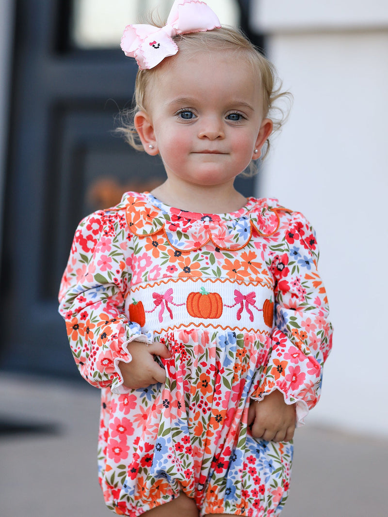 Fall Halloween & Thanksgiving Pumpkin Bow Smock Embroidered Floral Baby Girl Romper - 1