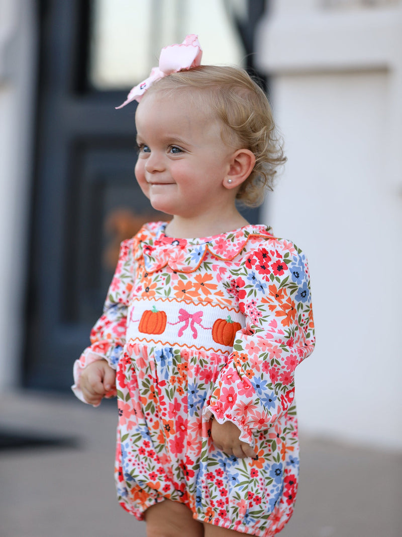 Fall Halloween & Thanksgiving Pumpkin Bow Smock Embroidered Floral Baby Girl Romper - 2