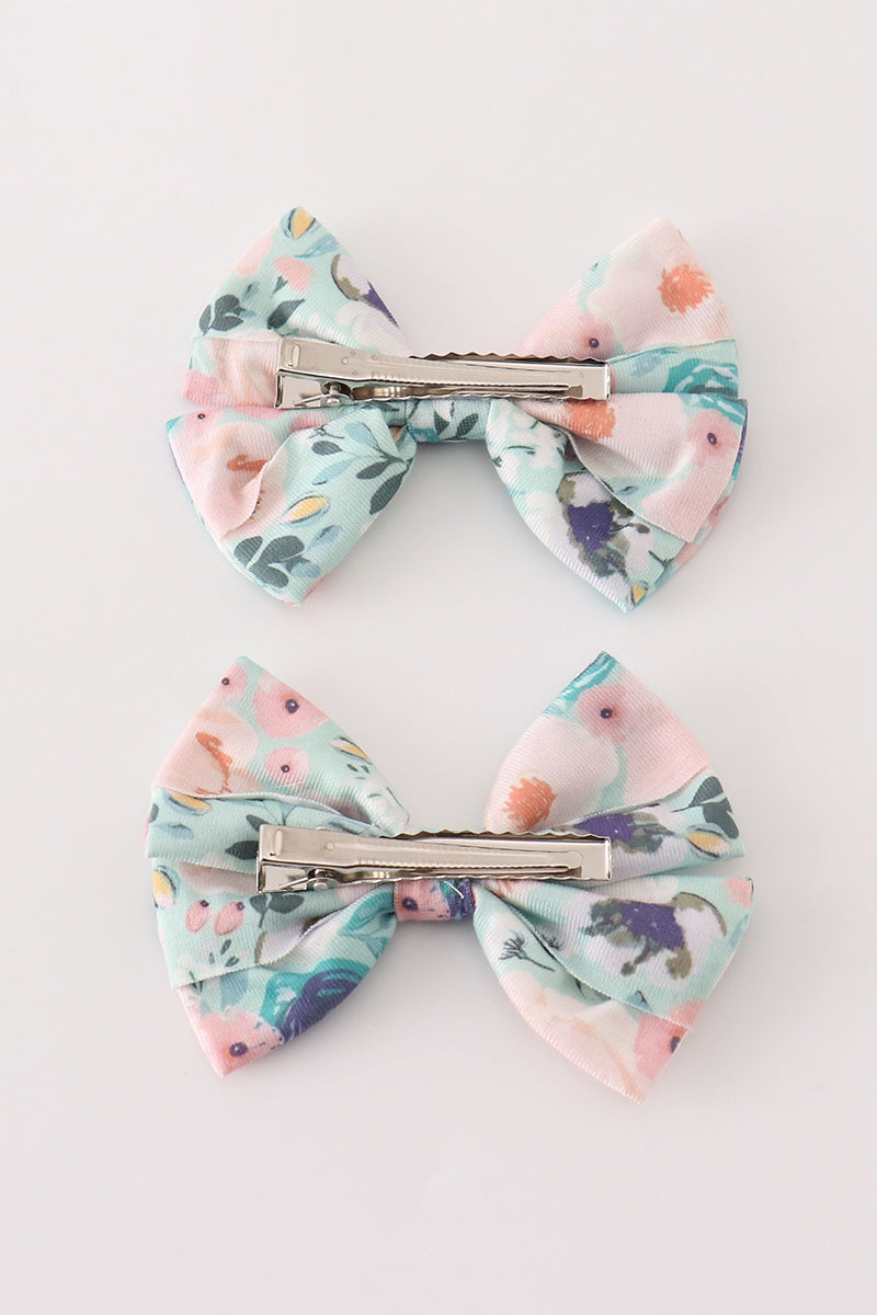Green garden serenity print girl piggie hair bow - 2