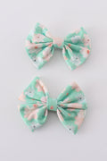 Green floral print girl piggie hair bow - 1