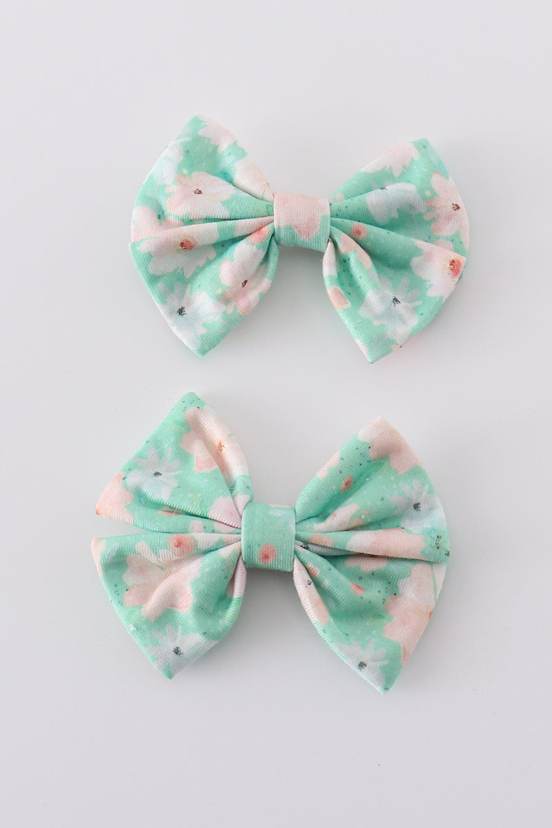 Green floral print girl piggie hair bow - 1