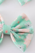 Green floral print girl piggie hair bow - 2