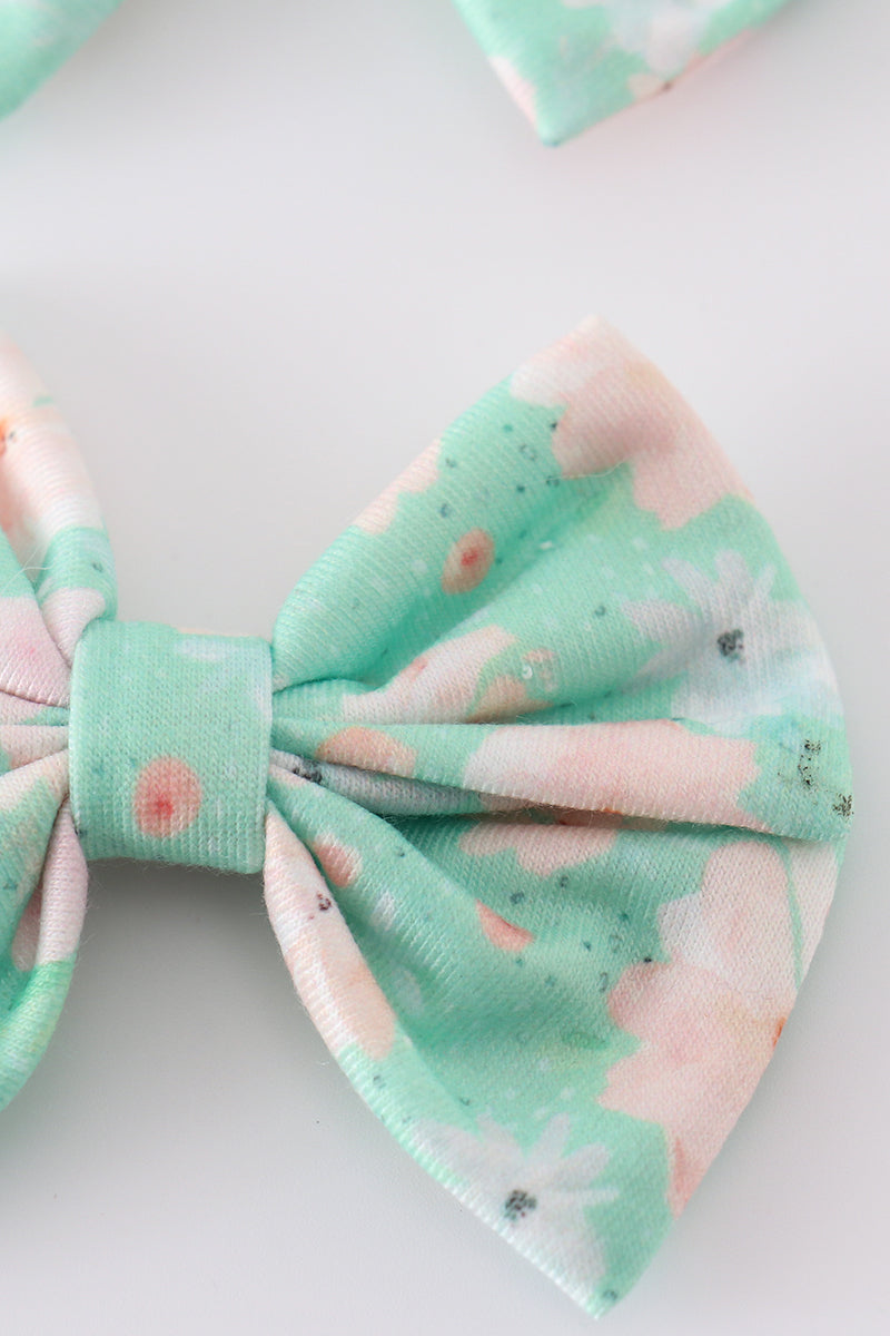Green floral print girl piggie hair bow - 2