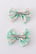 Green floral print girl piggie hair bow - 3
