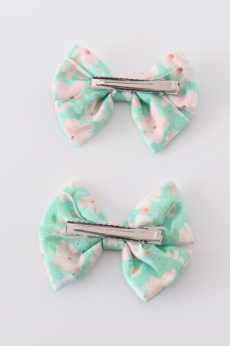 Green floral print girl piggie hair bow - 3