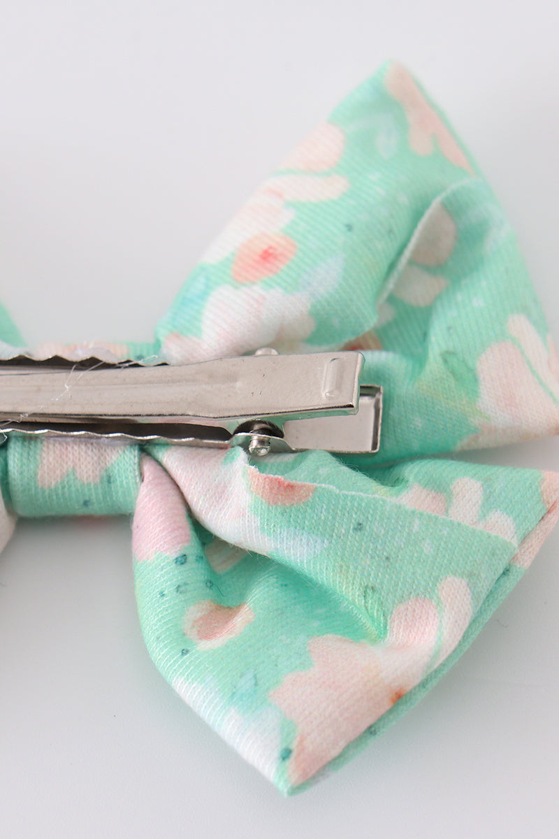 Green floral print girl piggie hair bow - 4