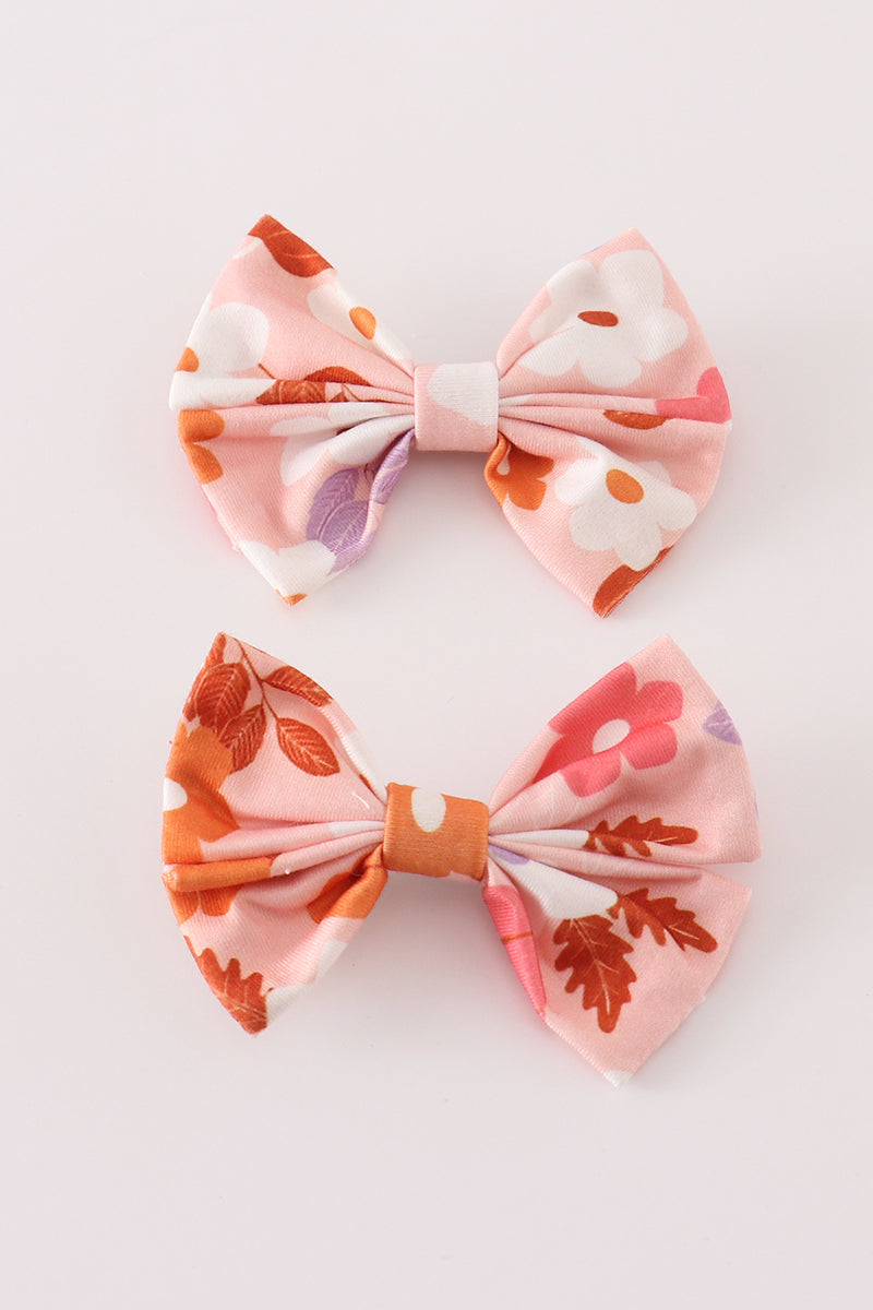 Pumpkin floral print 2pc hair bow - 1