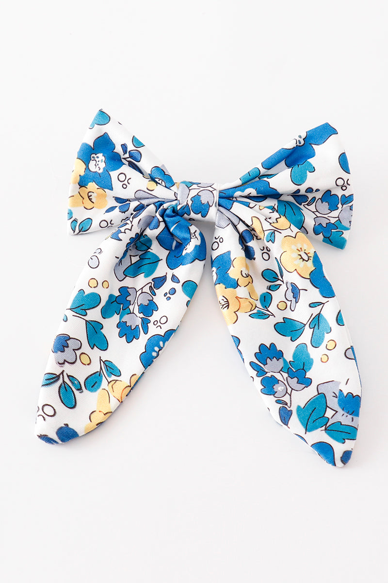 Blue floral print hair sailor bow - 1