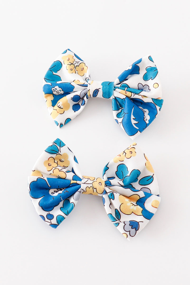 Blue floral print piggie hair bow - 1