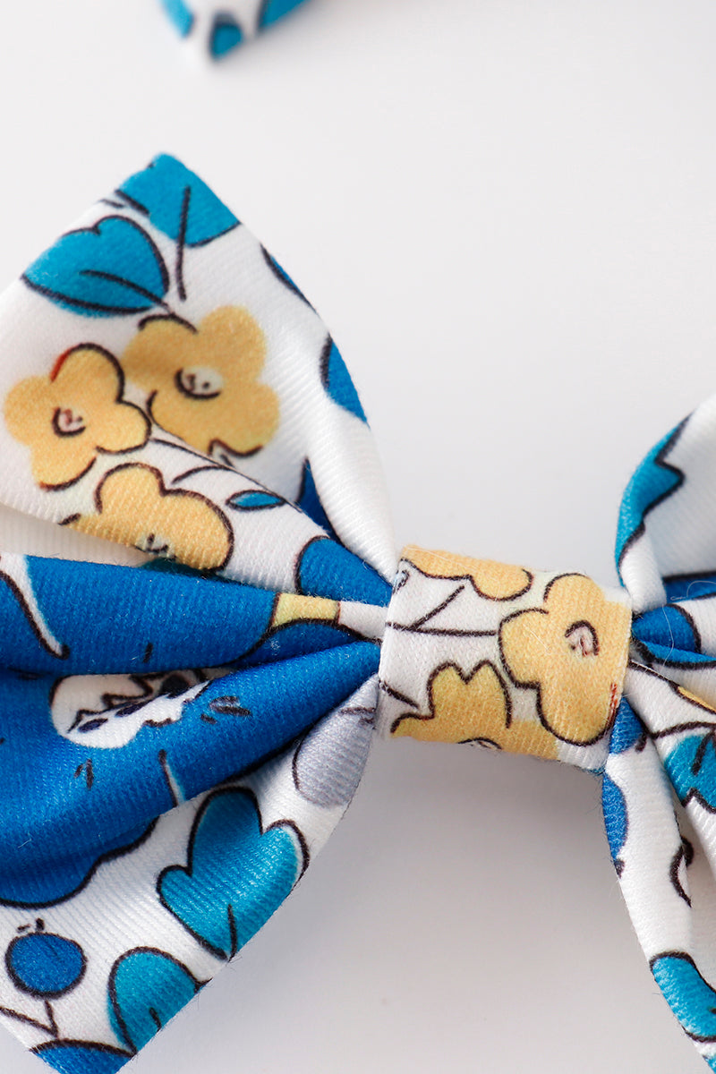 Blue floral print piggie hair bow - 2