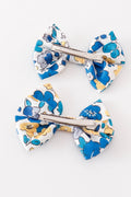 Blue floral print piggie hair bow - 3