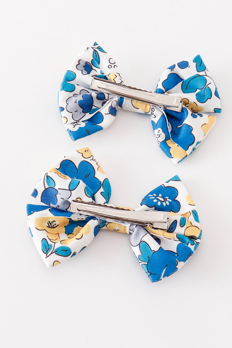 Blue floral print piggie hair bow - 3