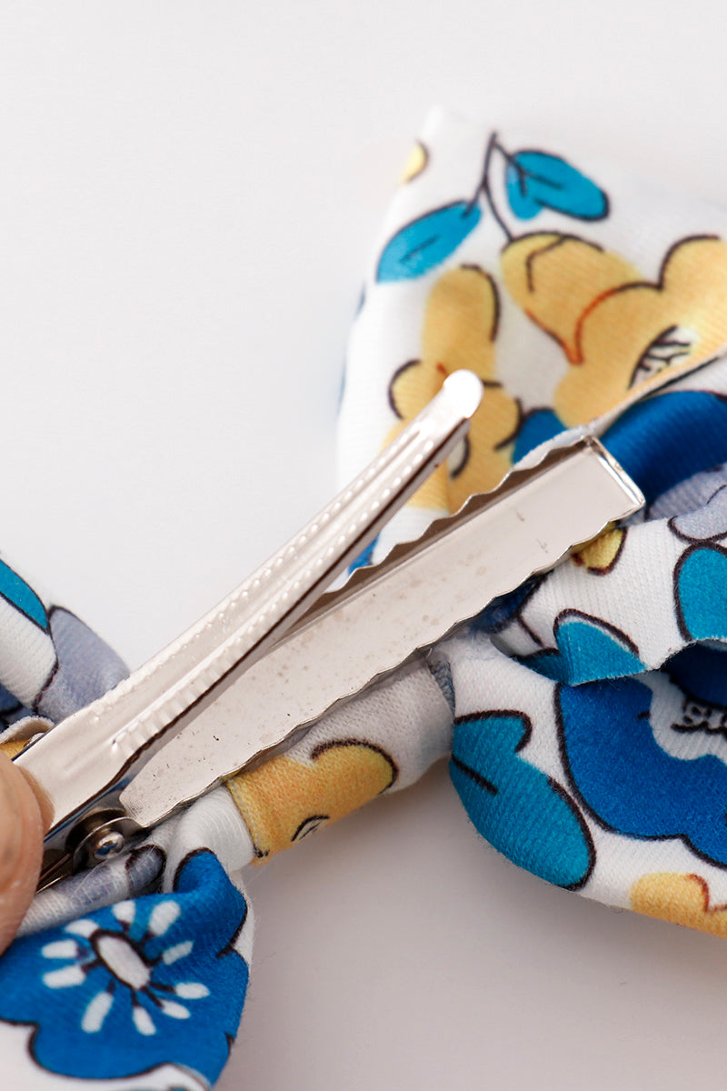 Blue floral print piggie hair bow - 4