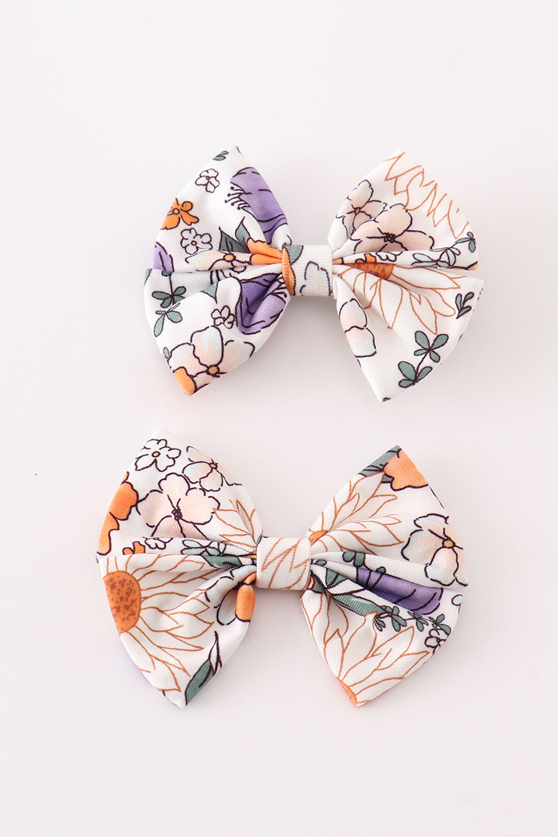 Coral floral print 2pcs piggie hair bow - 1