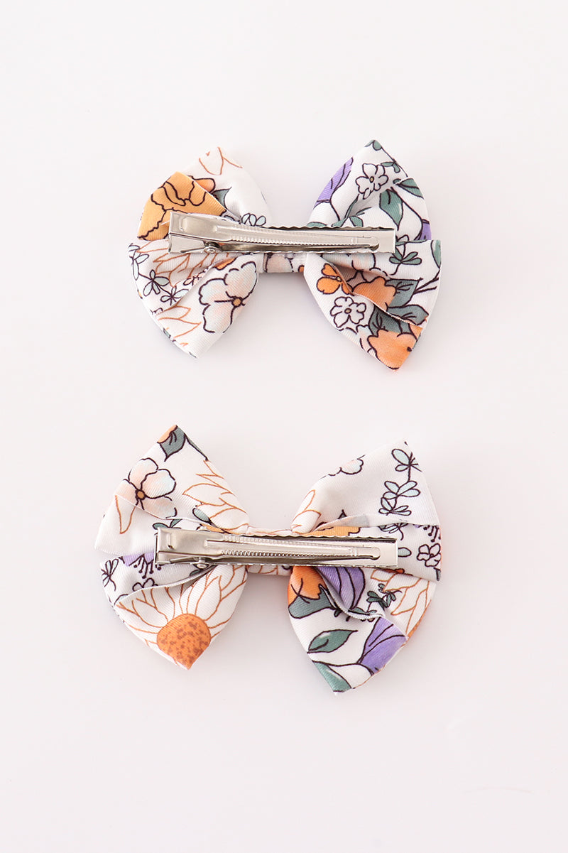 Coral floral print 2pcs piggie hair bow - 3