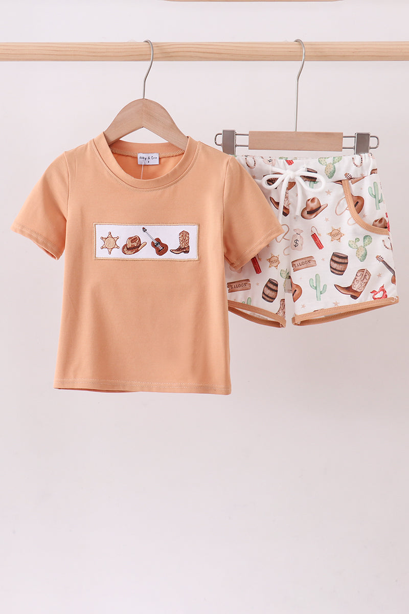 Brown Western Embroidered Shorts Set - 1