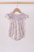 Purple Floral Smocked Ruffle Bubble - 1