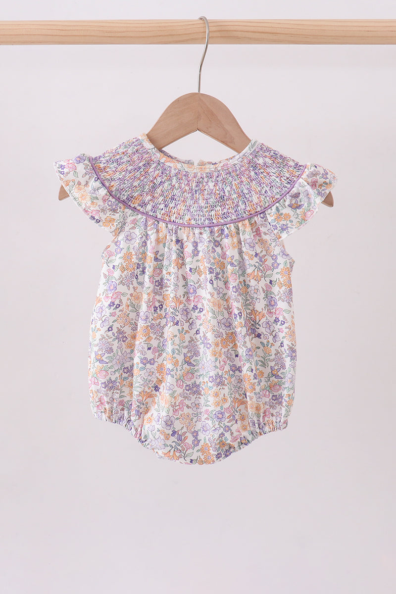 Purple Floral Smocked Ruffle Bubble - 1