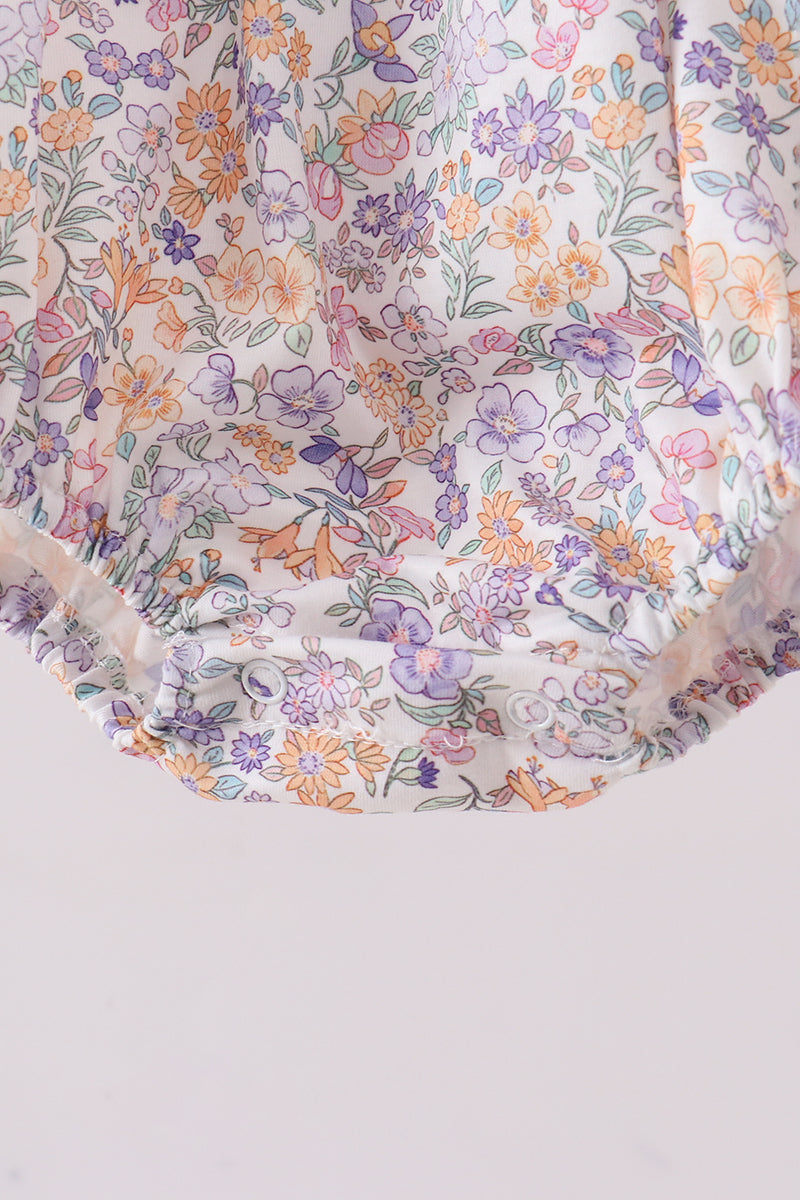 Purple Floral Smocked Ruffle Bubble - 2