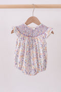 Purple Floral Smocked Ruffle Bubble - 3