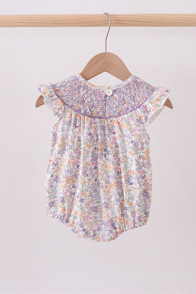 Purple Floral Smocked Ruffle Bubble - 3