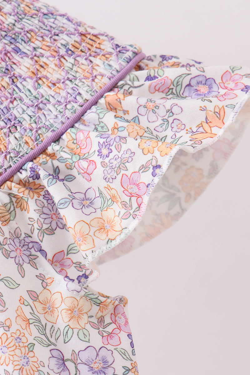 Purple Floral Smocked Ruffle Bubble - 4