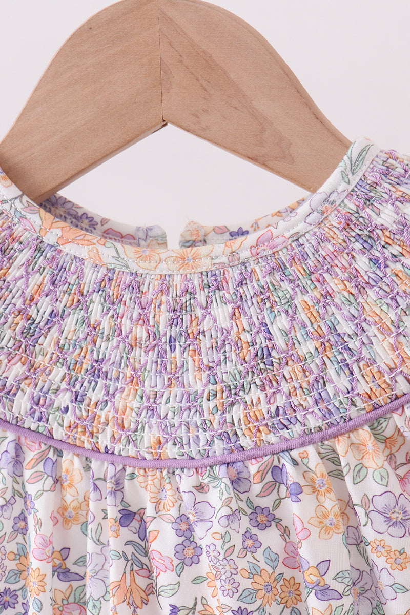 Purple Floral Smocked Ruffle Bubble - 5