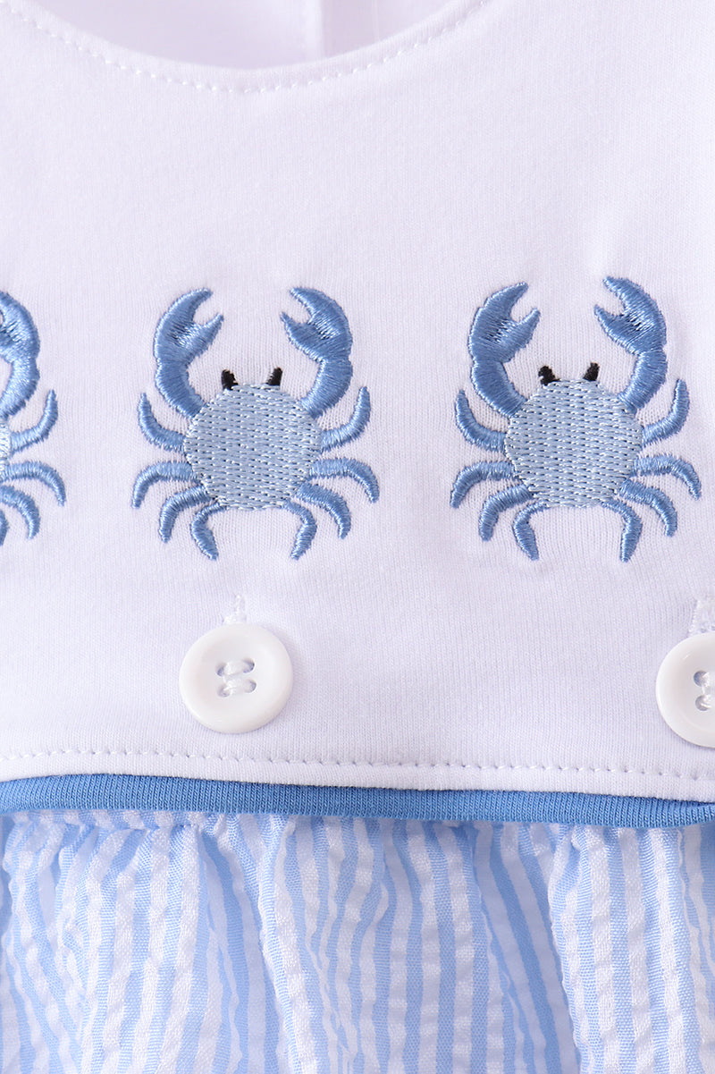 Blue Crab Embroidered Seersucker Bubble - 2