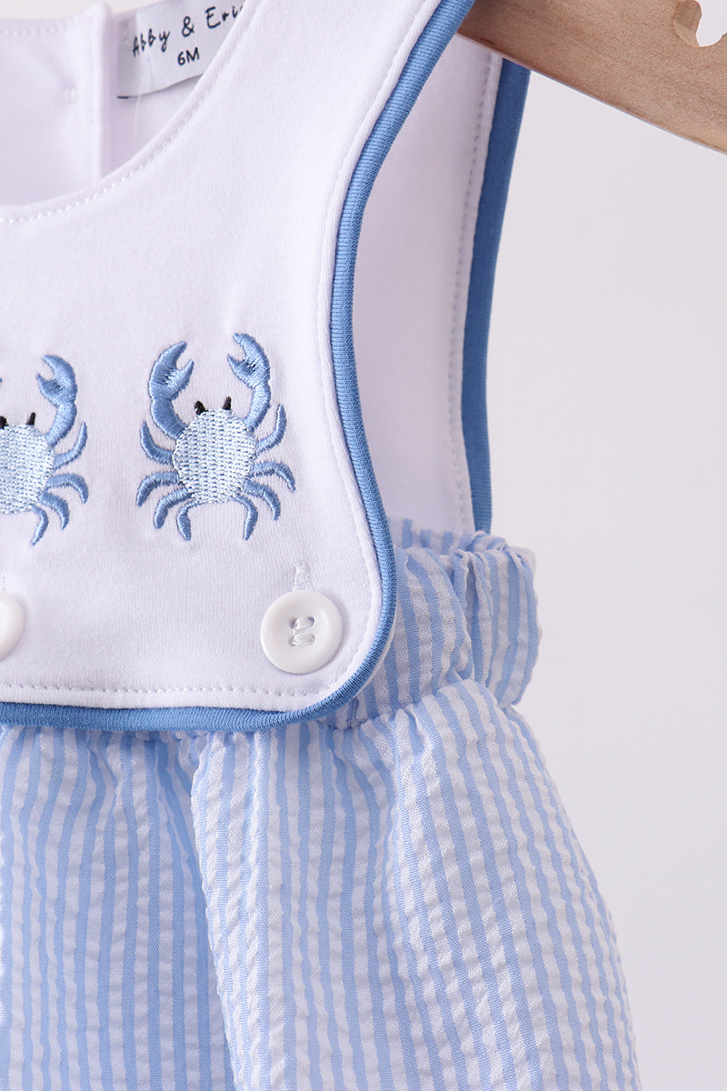 Blue Crab Embroidered Seersucker Bubble - 3