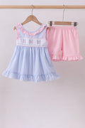 Blue Crab Embroidered Seersucker Ruffle Shorts Set - 1