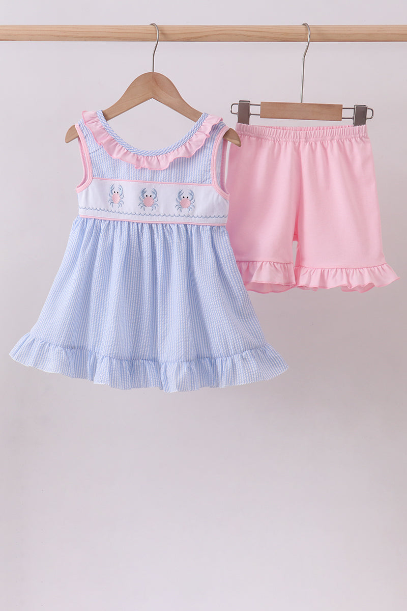 Blue Crab Embroidered Seersucker Ruffle Shorts Set - 1