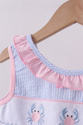 Blue Crab Embroidered Seersucker Ruffle Shorts Set - 4