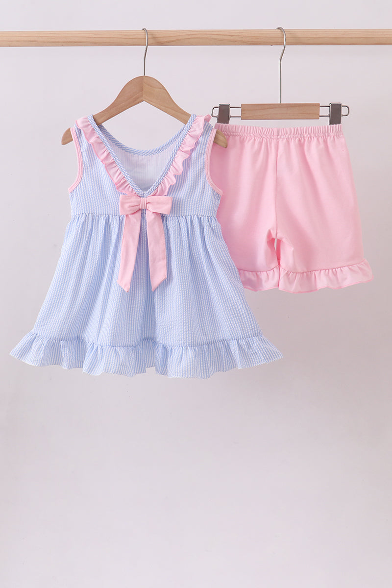 Blue Crab Embroidered Seersucker Ruffle Shorts Set - 6