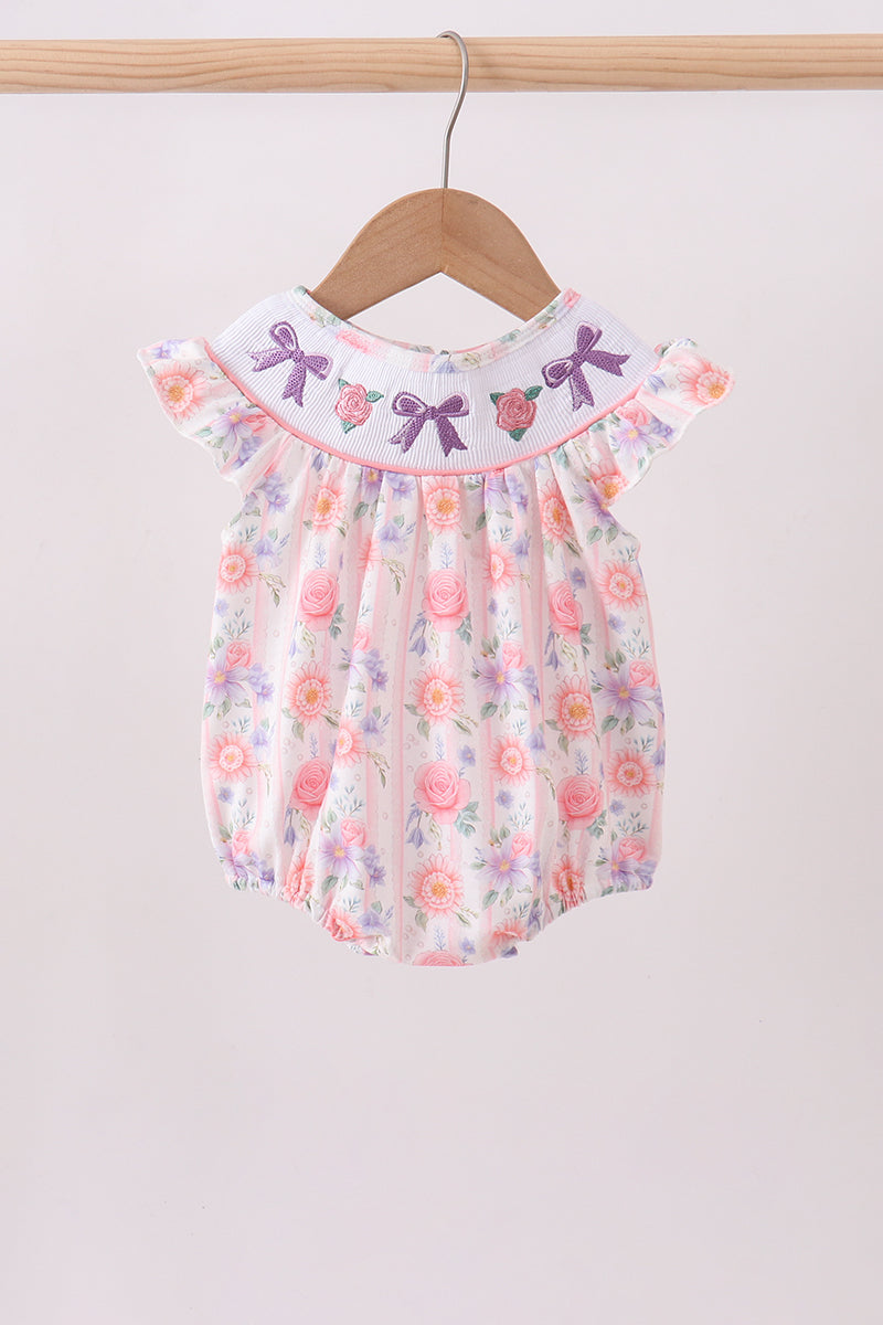 Purple rose bow smocked ruffle bubble - 1