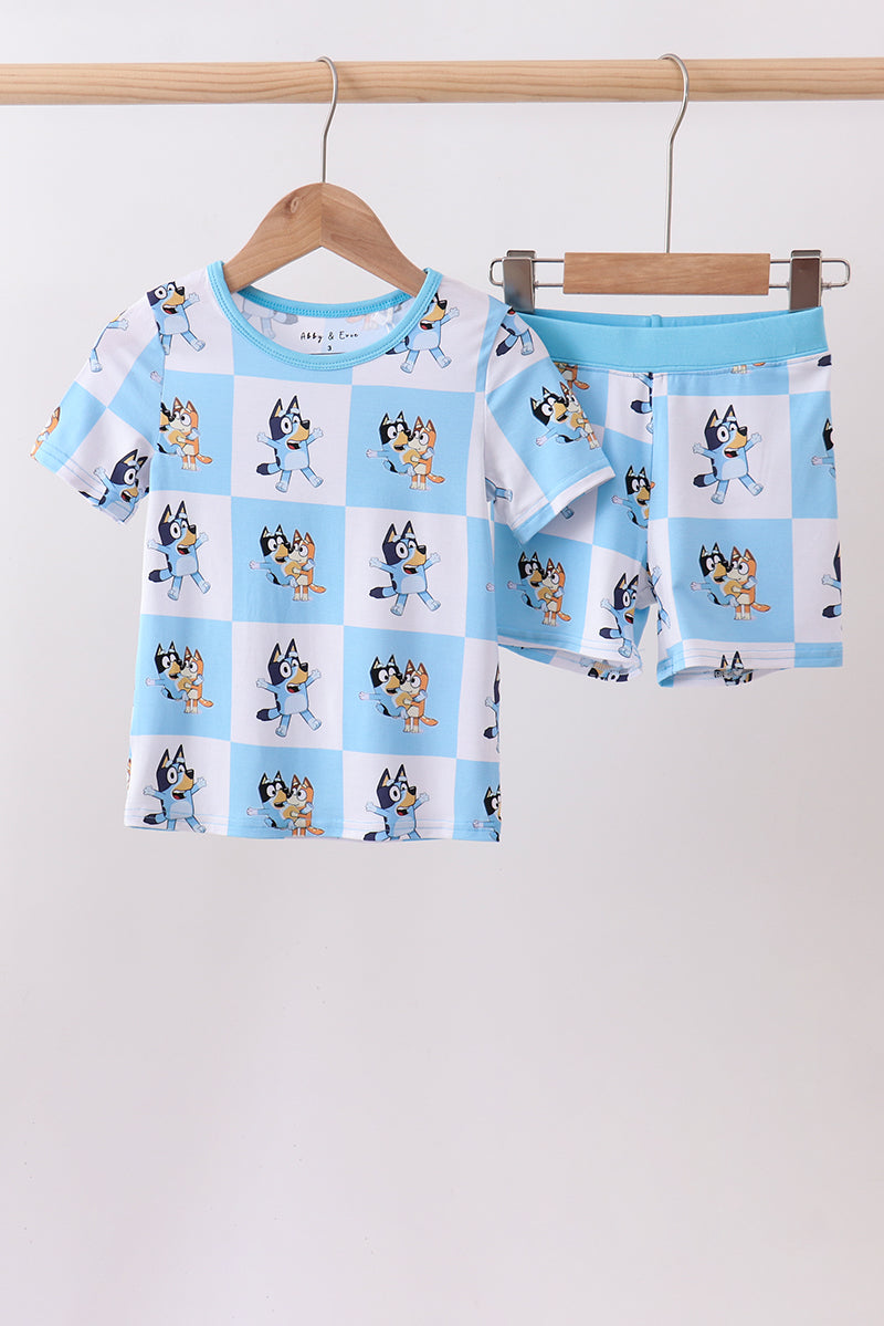 Blue character checkered bamboo pajama set - 1