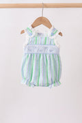 Green Stripe Smocked Bow Seersucker Bubble - 1