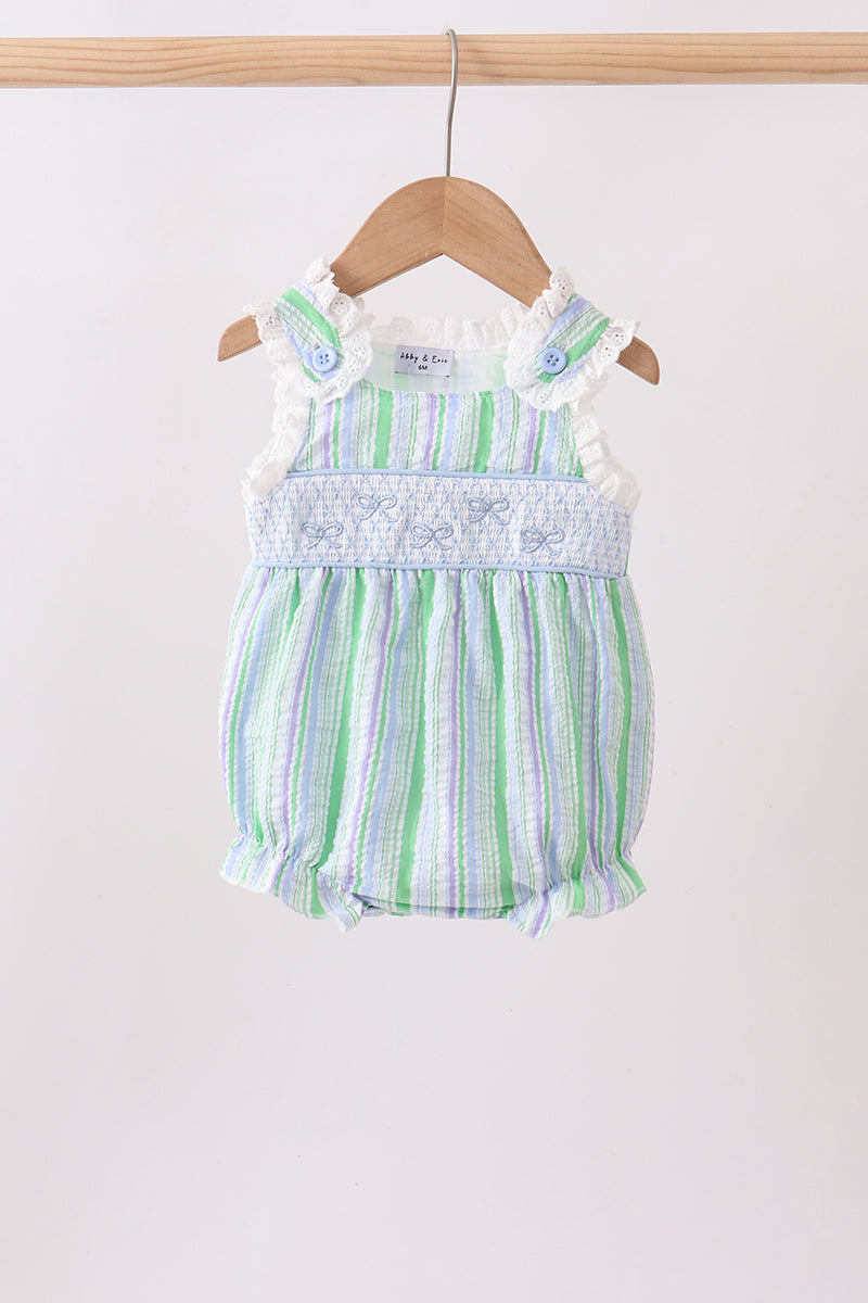 Green Stripe Smocked Bow Seersucker Bubble - 1