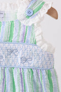 Green Stripe Smocked Bow Seersucker Bubble - 2