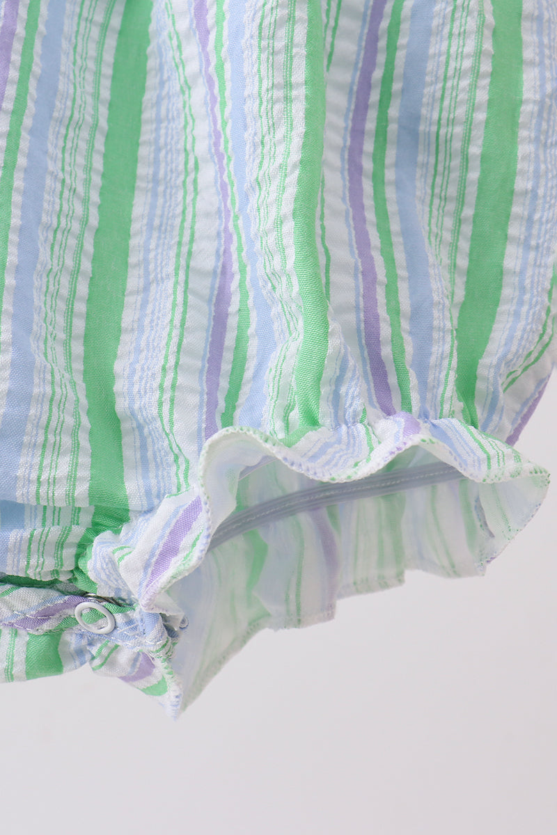 Green Stripe Smocked Bow Seersucker Bubble - 3