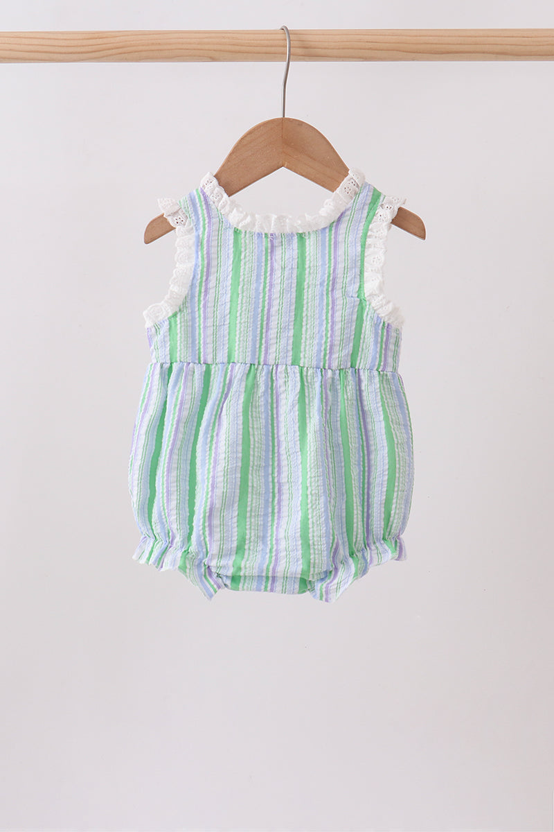 Green Stripe Smocked Bow Seersucker Bubble - 5