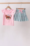 Pink Bear Floral Applique Skorts Set - 1
