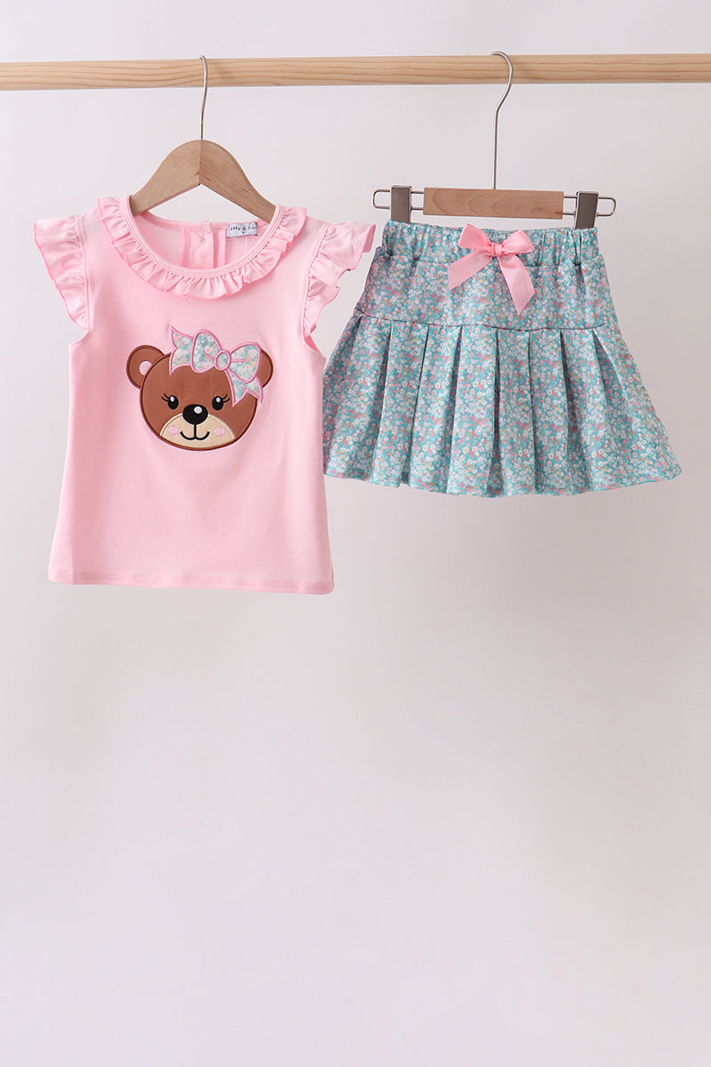 Pink Bear Floral Applique Skorts Set - 1