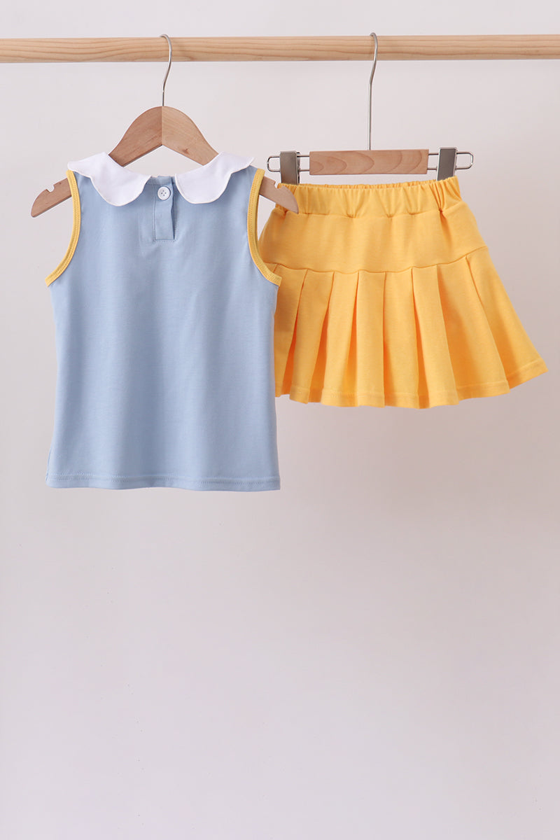 Blue bus bow embroidery ruffle skorts set - 4