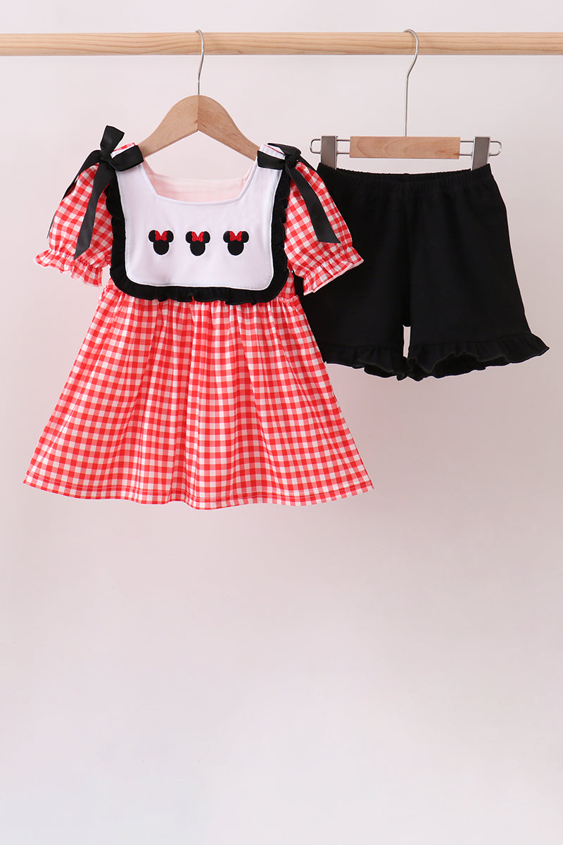 Red Character Plaid Embroidered Ruffle Short Set - 1