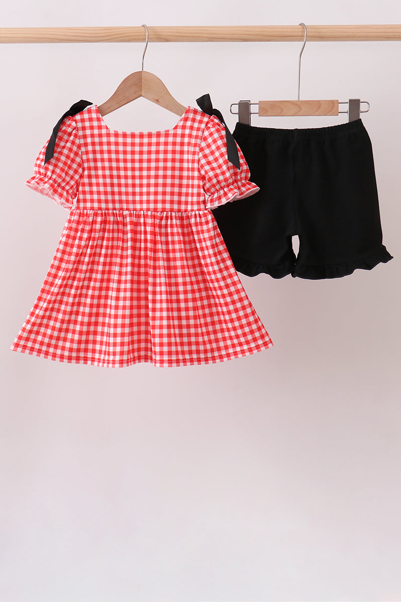 Red Character Plaid Embroidered Ruffle Short Set - 5