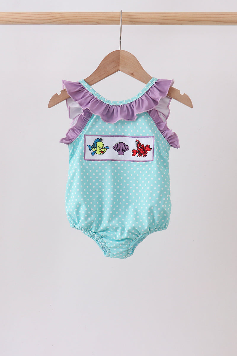 Blue under the sea Embroidered UPF Swim One-Piece - 1