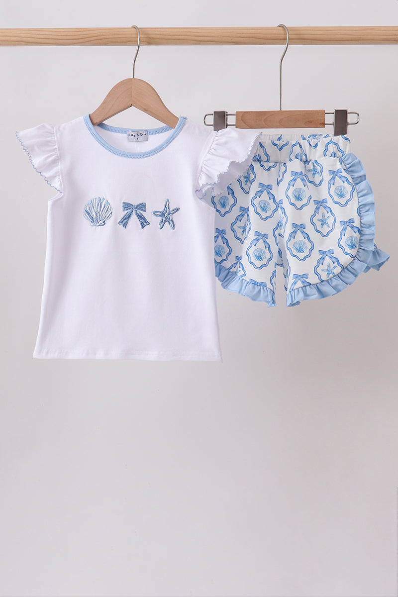 Blue Shells Embroidered Ruffle Shorts Set - 1