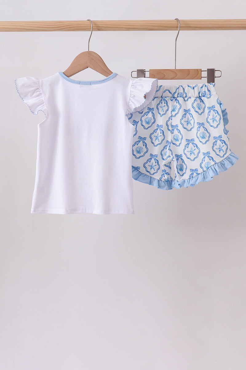 Blue Shells Embroidered Ruffle Shorts Set - 5