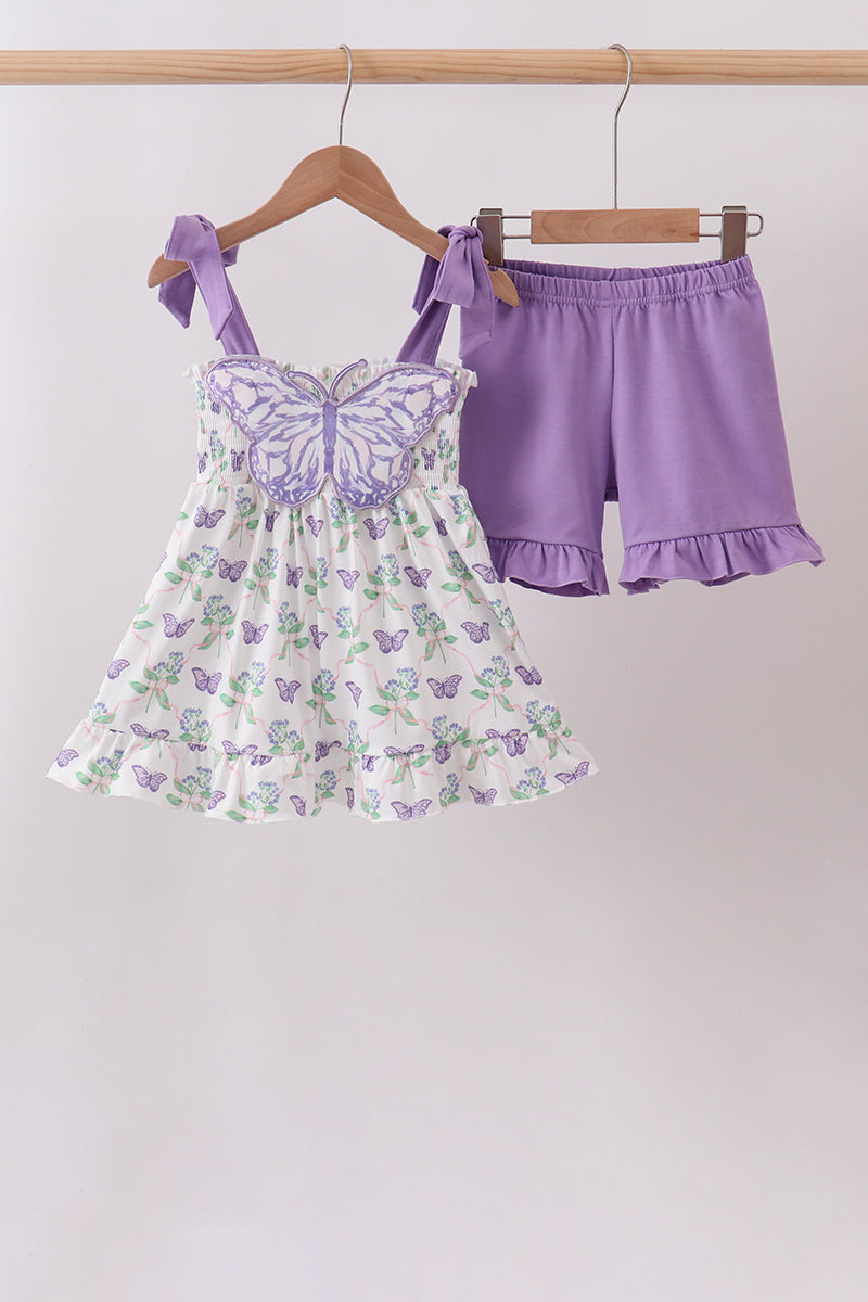 Purple Butterfly Applique Shorts Set - 1